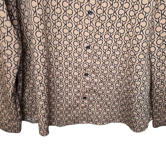 Calvin Klein Top Womens XL Tan CK Logo Button Up Blouse Roll Tab Sleeve - Picture 5 of 7